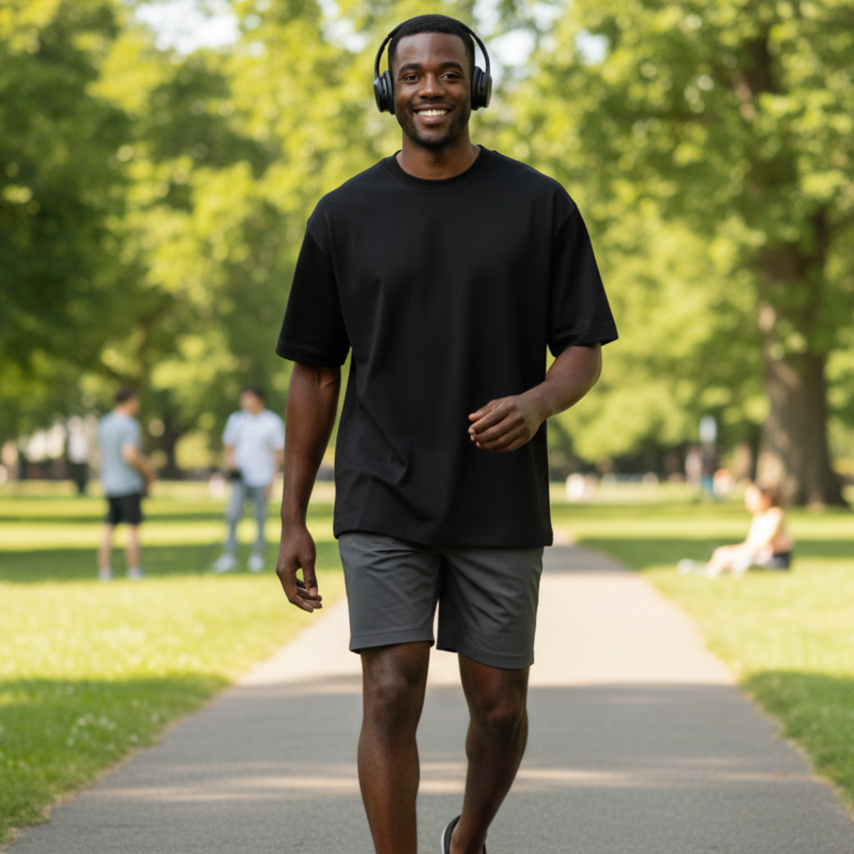 Man walking in a park wearing headphones and a black t-shirt