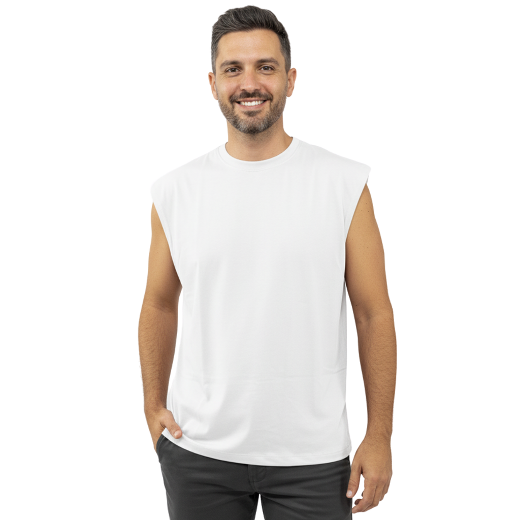 Man wearing a white sleeveless shirt on a white background