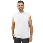 Man wearing a white sleeveless shirt on a white background