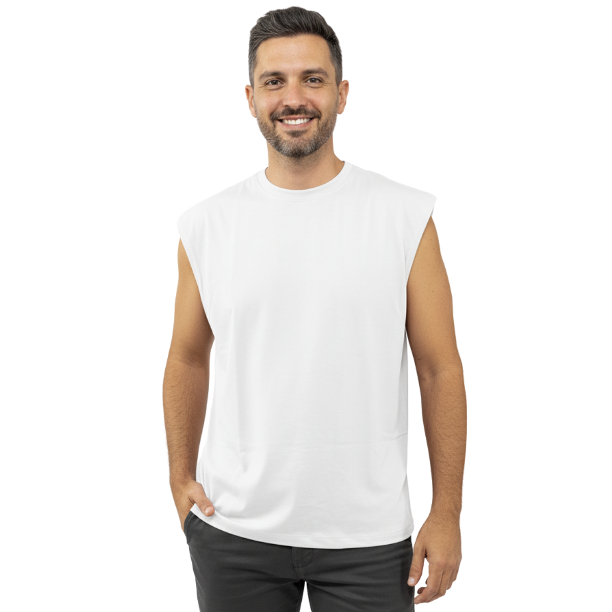 Man wearing a white sleeveless shirt on a white background