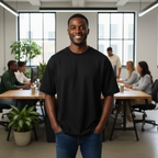 Man in a black t-shirt standing in an office with colleagues in the background