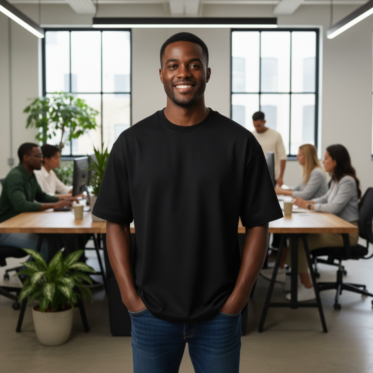 Man in a black t-shirt standing in an office with colleagues in the background
