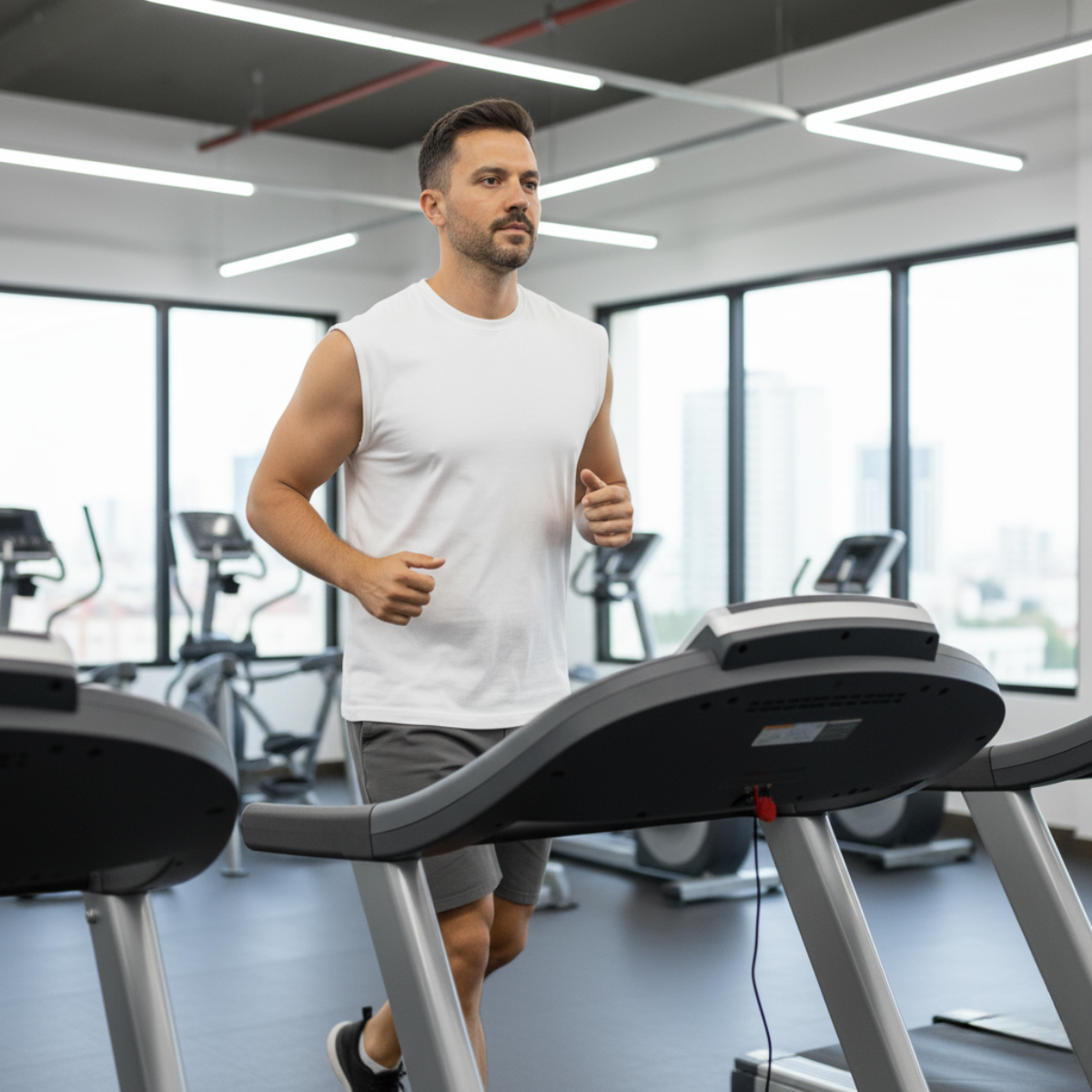 Man running on a treadmill in a gym setting