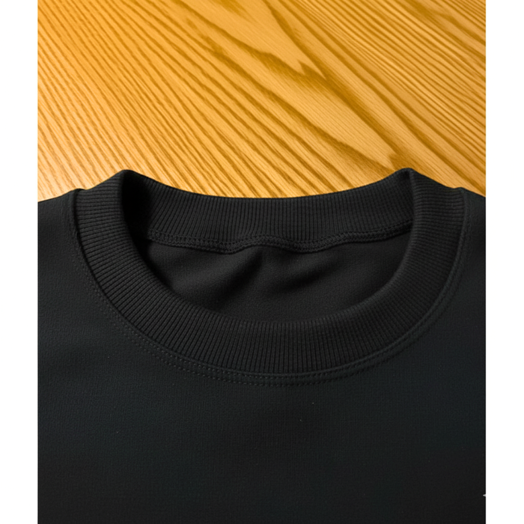 Close-up of a black t-shirt collar on a wooden surface