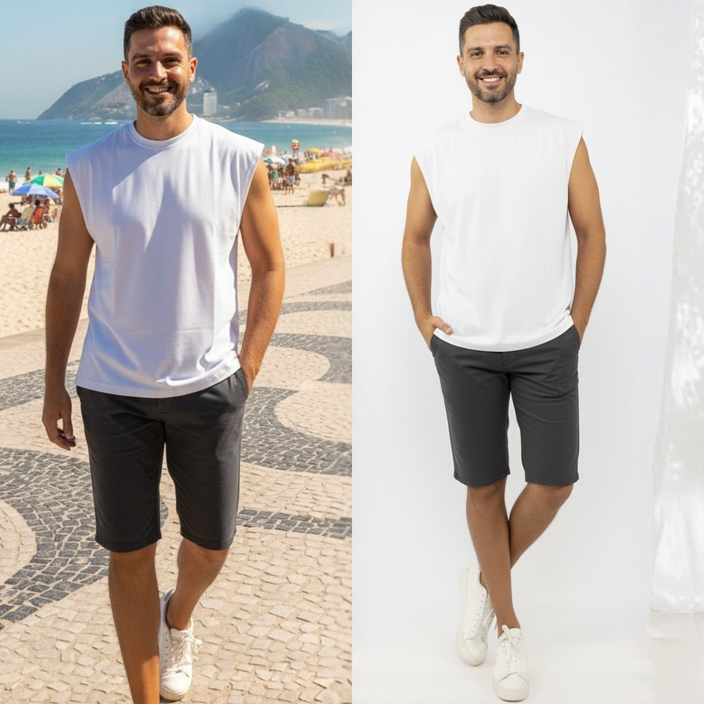 Man wearing a white sleeveless shirt and black shorts on a beach and a plain background.
