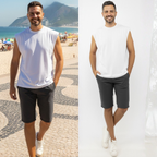 Man wearing a white sleeveless shirt and black shorts on a beach and a plain background.