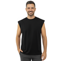 Man wearing a black sleeveless shirt on a white background