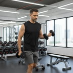 Man exercising with dumbbells in a gym setting