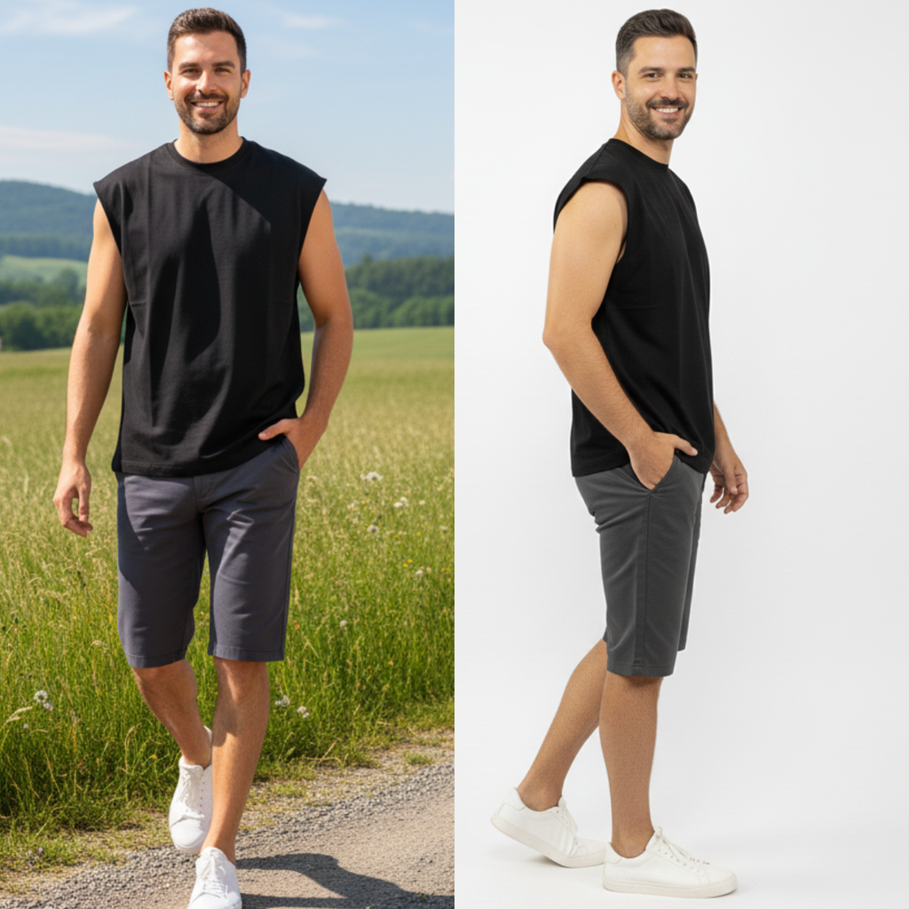 Man wearing a black sleeveless shirt and gray shorts in two different settings.