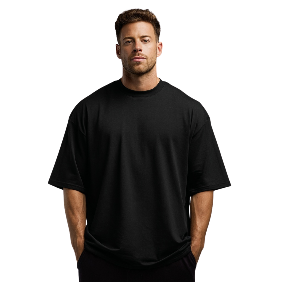 Man wearing a black Macbee oversized t-shirt on a white background