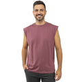 Man wearing a sleeveless mauve shirt on a white background