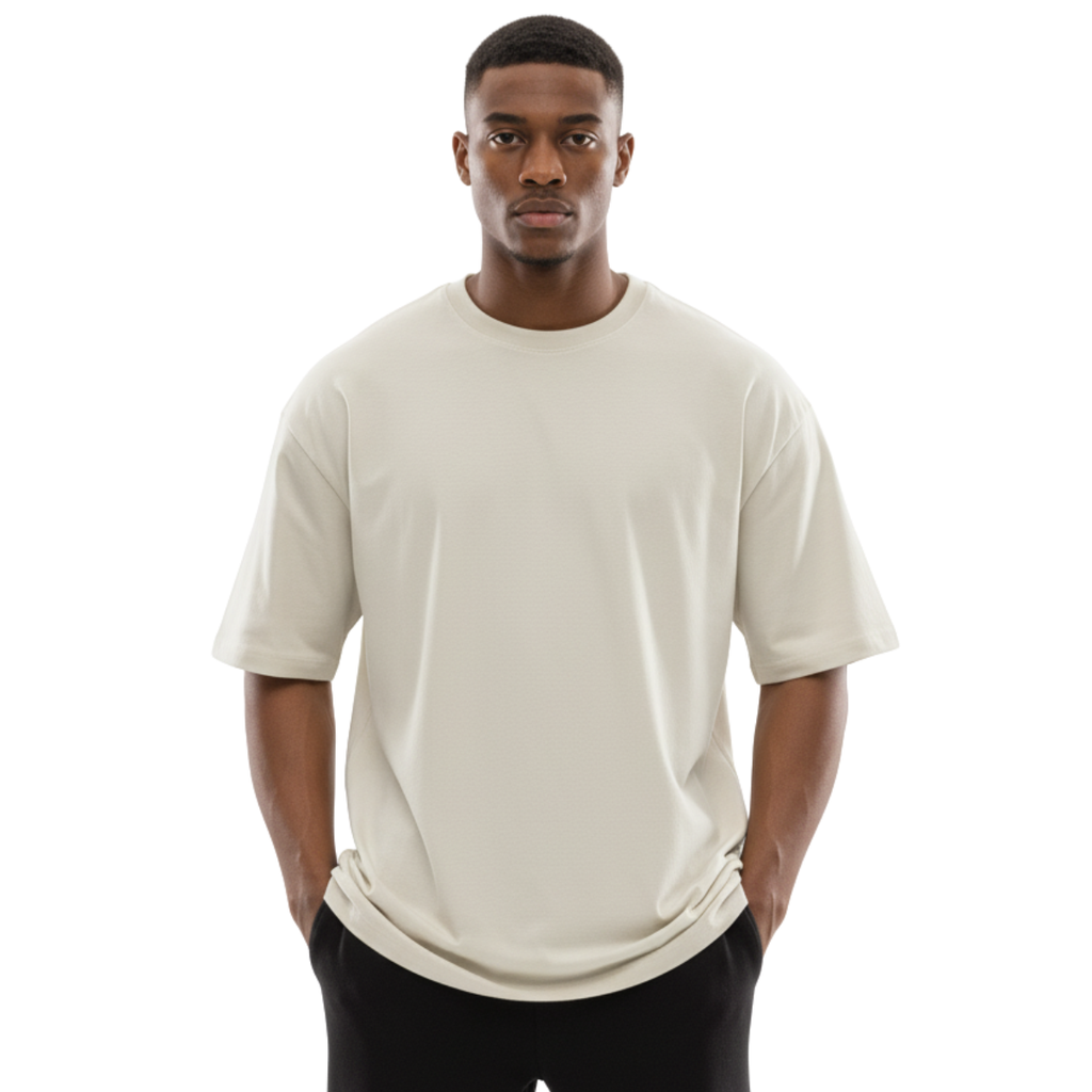 Man wearing an off-white Macbee oversized t-shirt on a white background