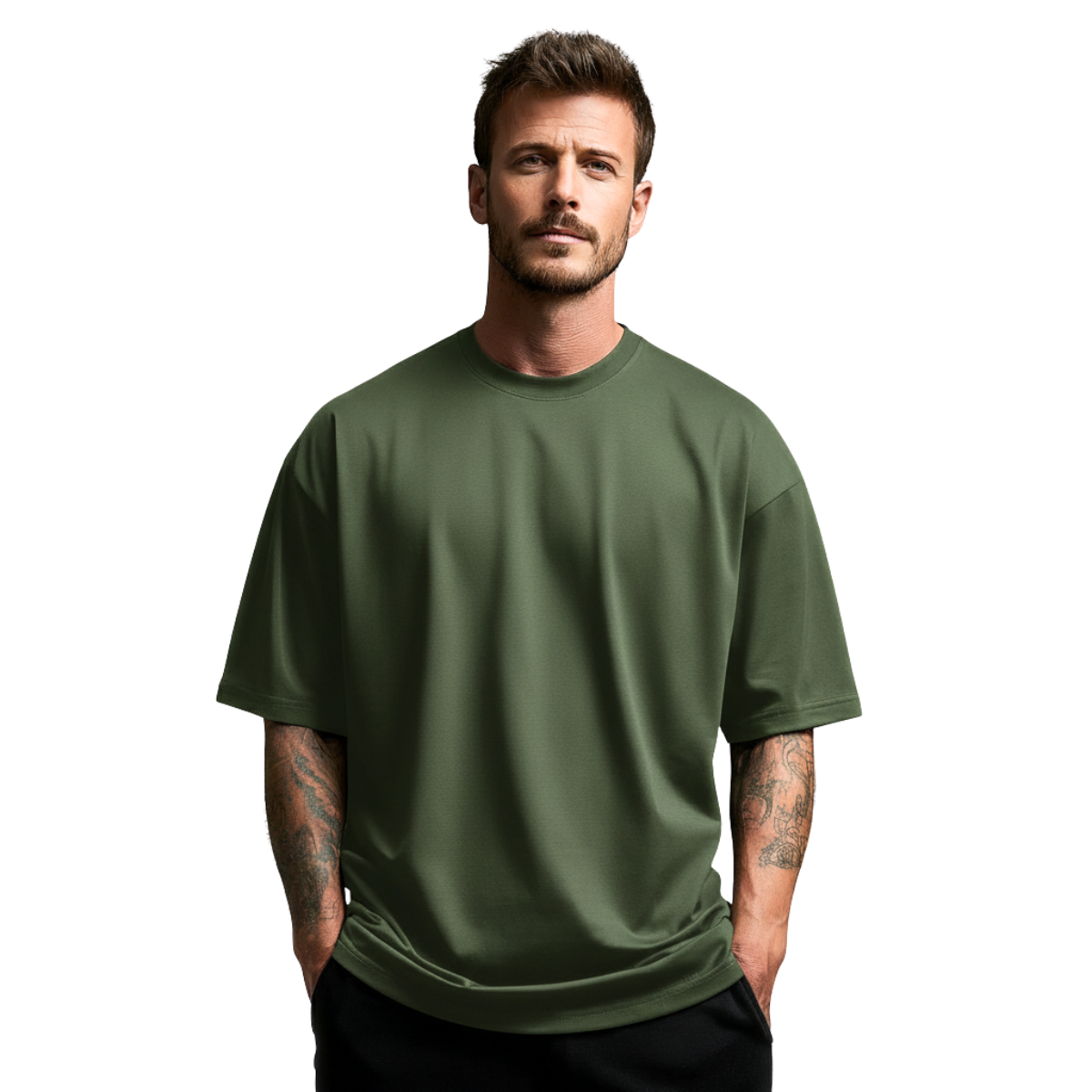 Man wearing a green Macbee oversized t-shirt on a white background