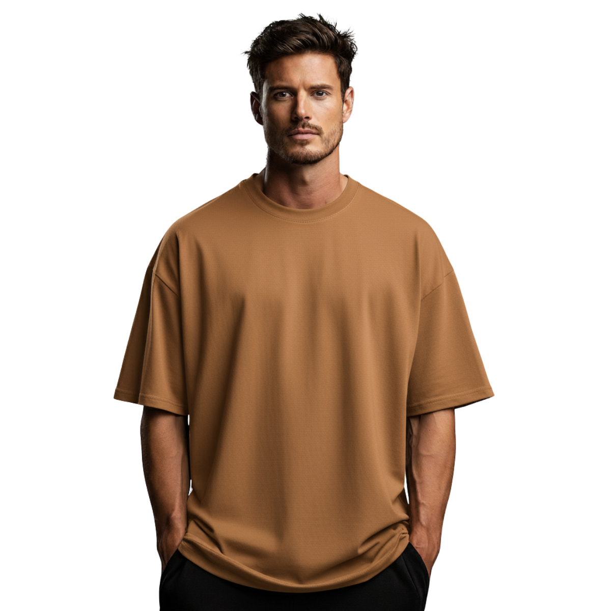 Man wearing a caramel Macbee oversized t-shirt on a white background