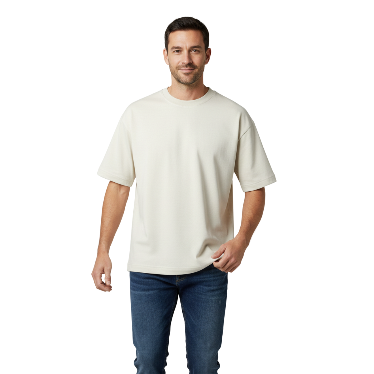 Man wearing a plain white t-shirt and blue jeans on a white background
