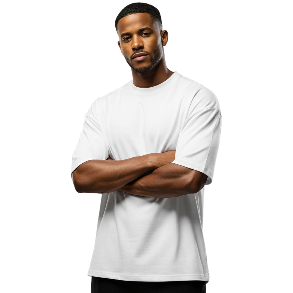 Man wearing a plain white Macbee oversized t-shirt against a white background