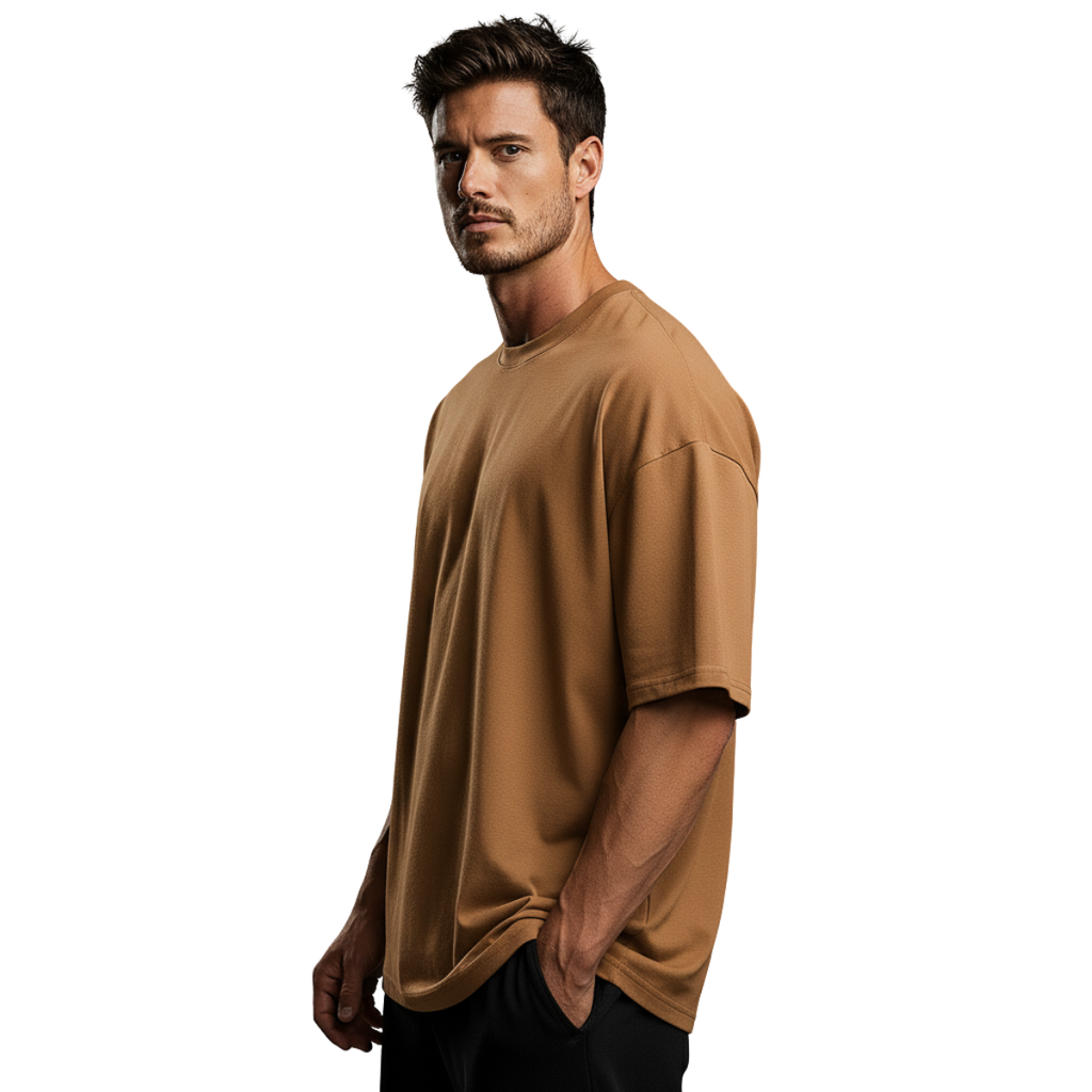 Man wearing a caramel Macbee oversized t-shirt on a white background
