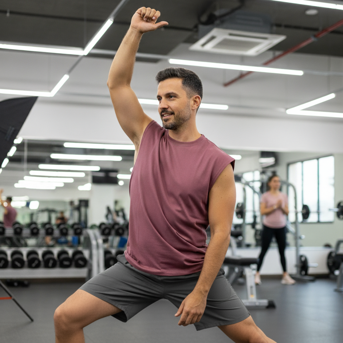 Man exercising in a gym with equipment and mirrors in the background