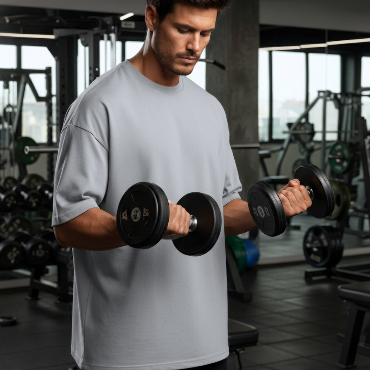 Man lifting dumbbells in a gym setting