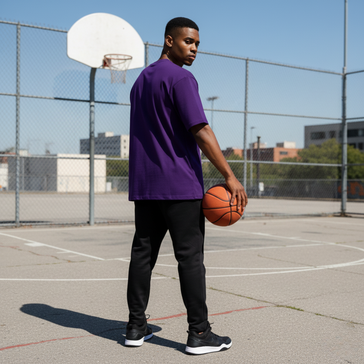 Person holding a basketball on an outdoor court with a clear sky