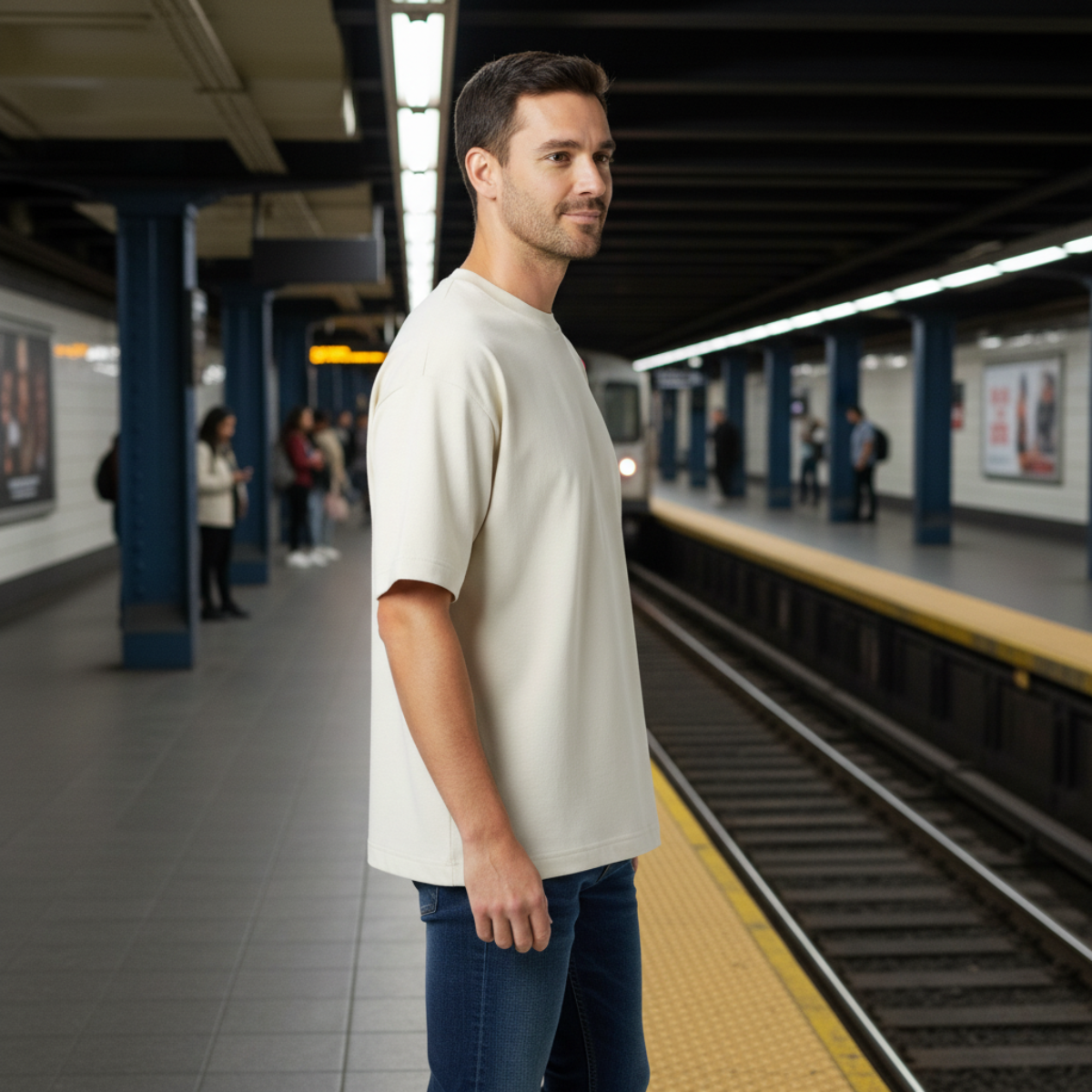 Man standing on a subway platform with a train in the background