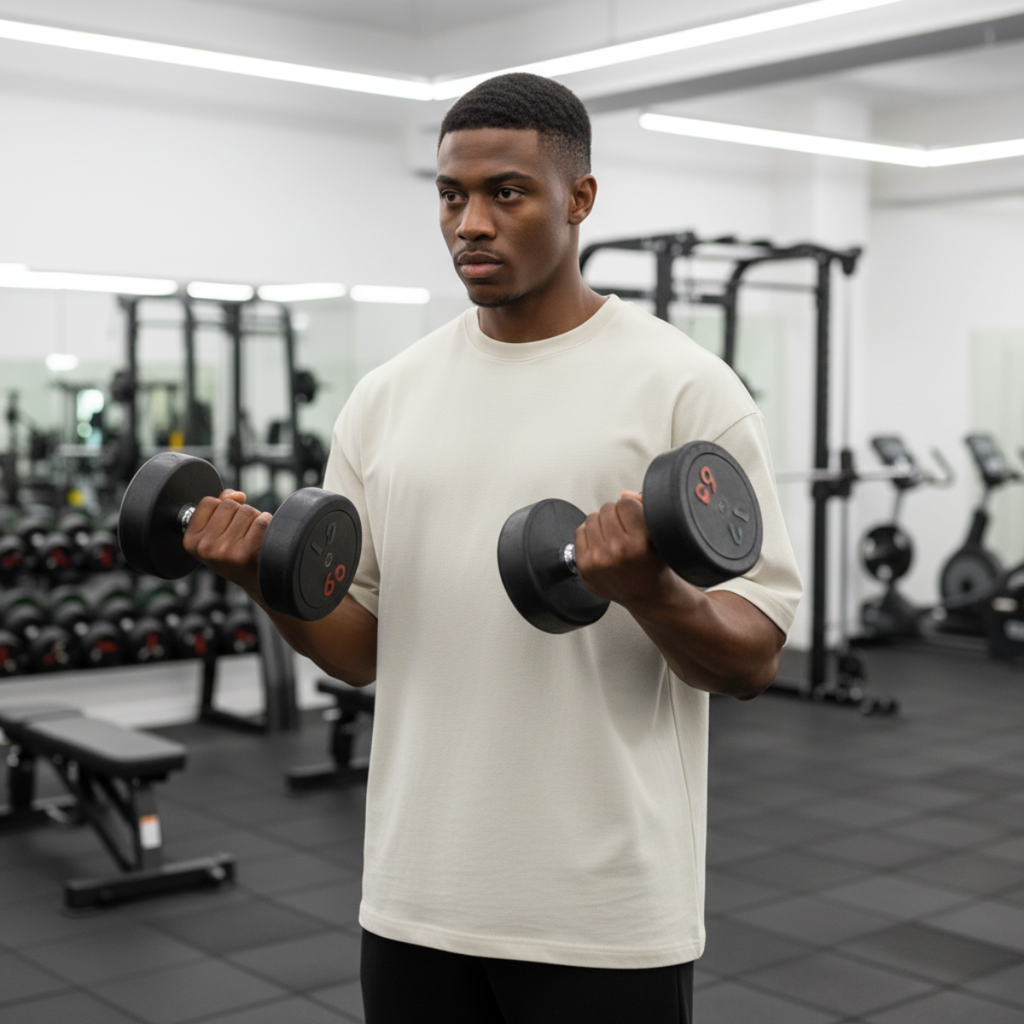 Man lifting dumbbells in a gym setting