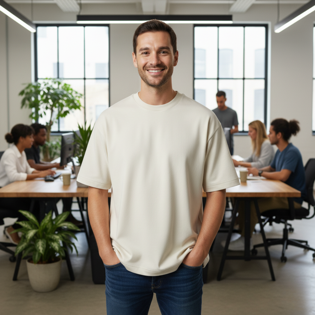 Man standing in a modern office with colleagues in the background