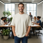 Man standing in a modern office with colleagues in the background