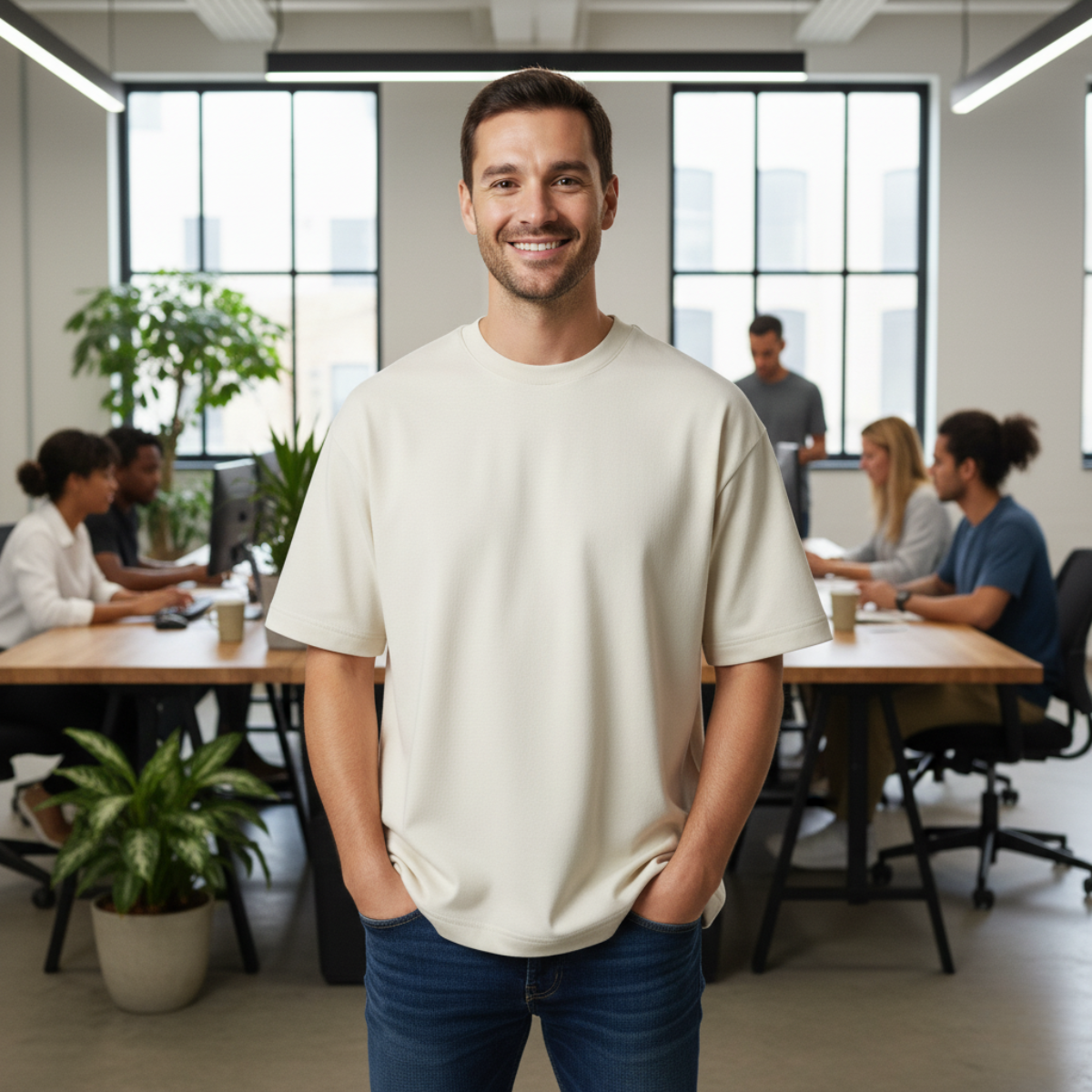 Man standing in a modern office with colleagues in the background