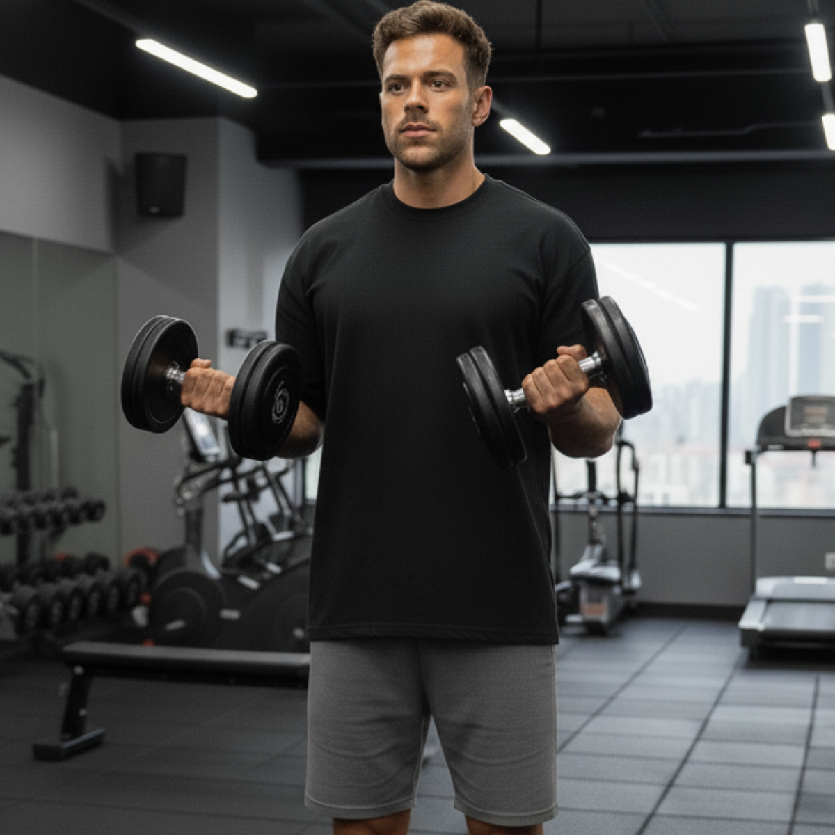 Man lifting dumbbells in a gym setting