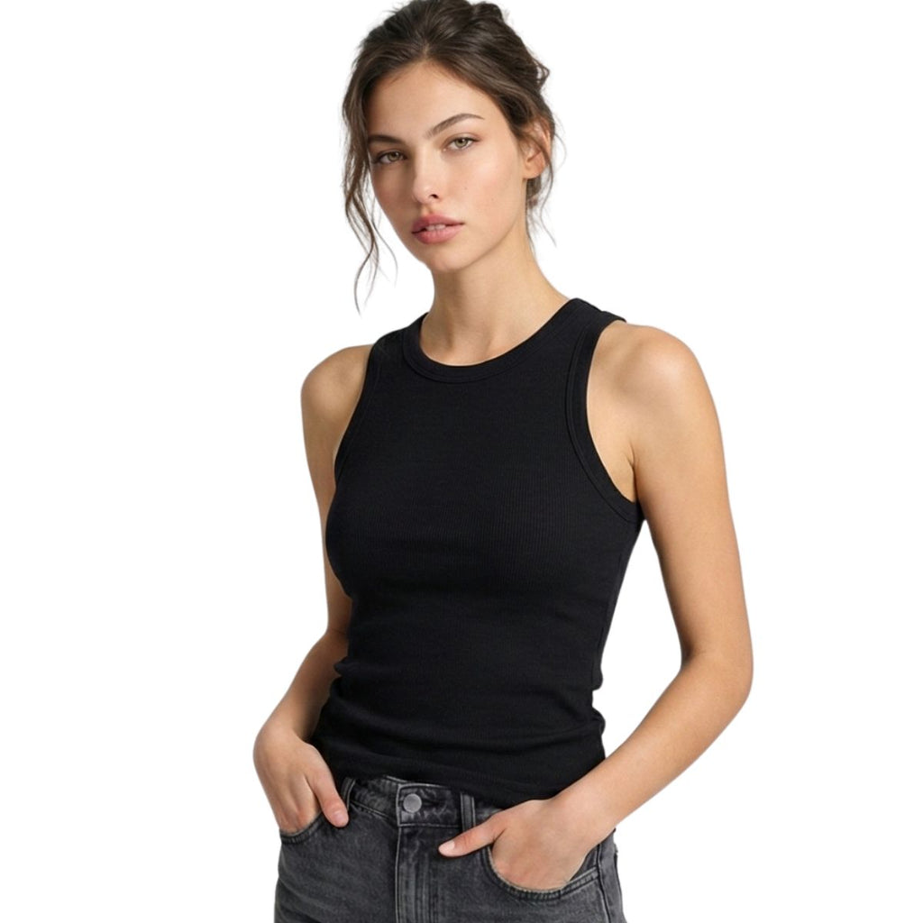 Woman wearing a black sleeveless top on a white background