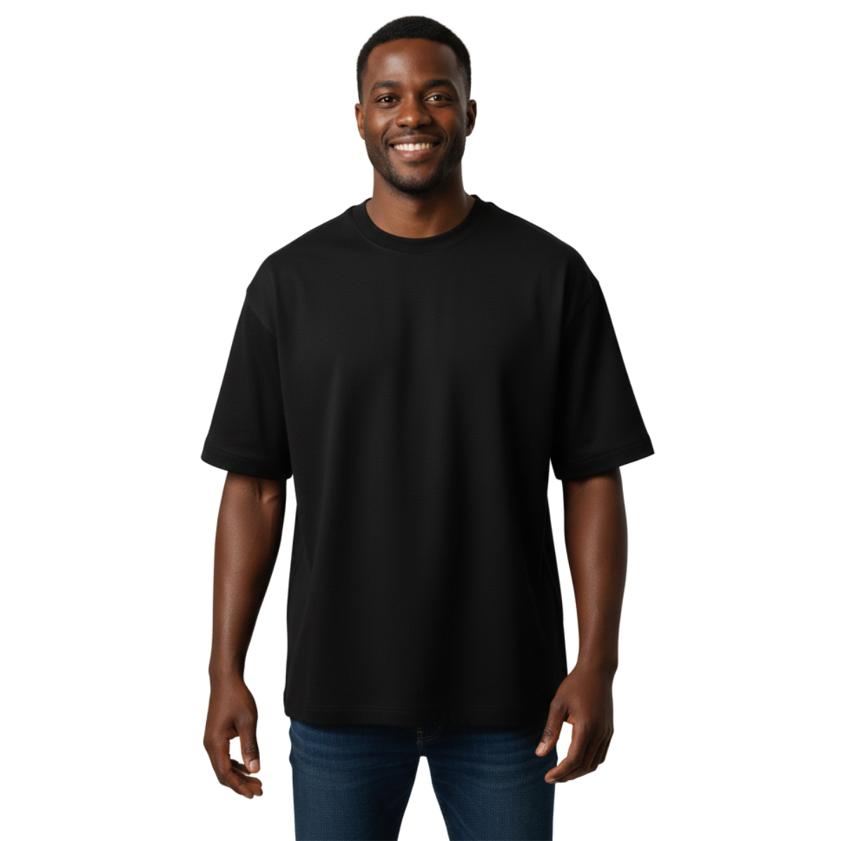 Man wearing a black t-shirt on a white background
